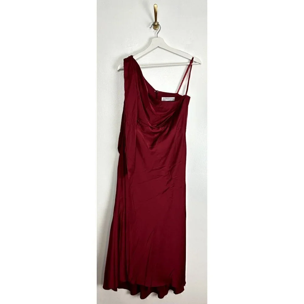 MAC DUGGAL One-Shouder Bow Satin Midi A-Line Dress in Deep Red Size US 8